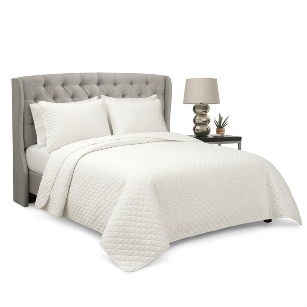 LUSH Decor Ava Diamond Oversized Cotton 3 Piece Quilt Set, Full/Queen - White